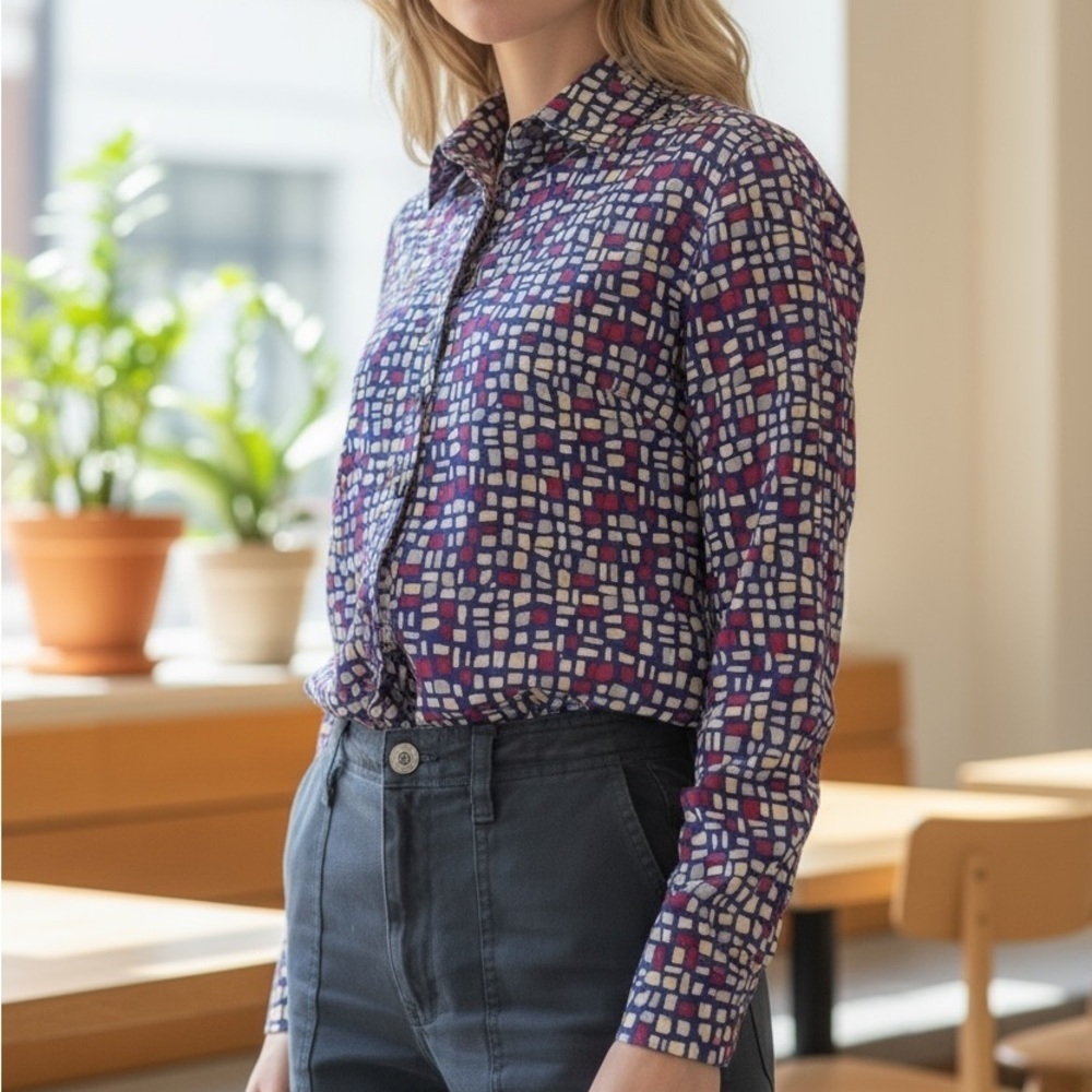 Allison Taylor Silk Buttondown Shirt Blue Red Crème